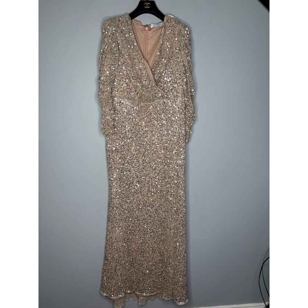 Mac Duggal Size: 12 Puff Shoulder Sequined Surplice Dress Gown Gold 5510 Formal